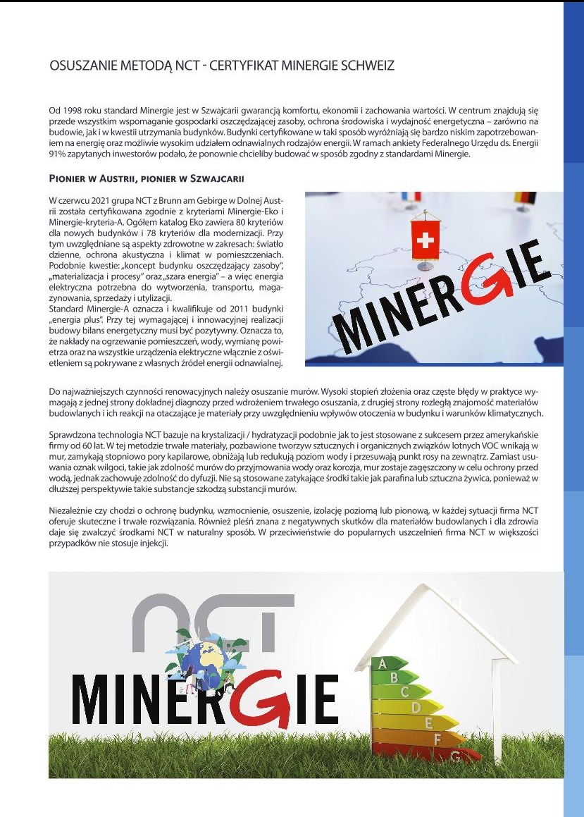 Grafika informacyjna prezentująca certyfikat Minergie oraz technologię NCT do osuszania murów, z logo Minergie i NCT, mapą Szwajcarii, flagą Szwajcarii, oraz schematem efektywności energetycznej...
