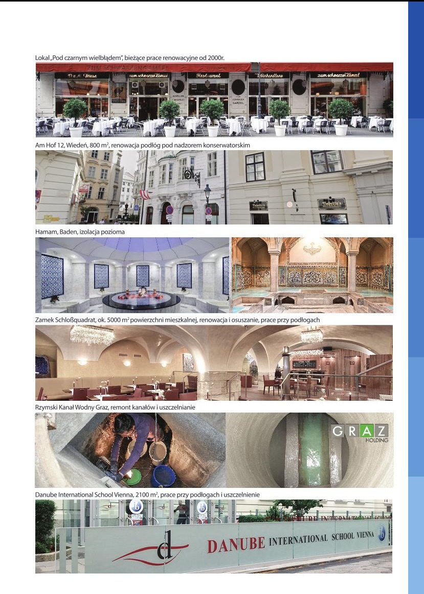 Zestaw zdjęć przedstawiających różne realizacje: renowacja lokalu z ogródkiem wiedeńskim, renowacja kamienicy pod nadzorem konserwatorskim, wnętrze łaźni tureckiej, prace przy podłogach w zamku...