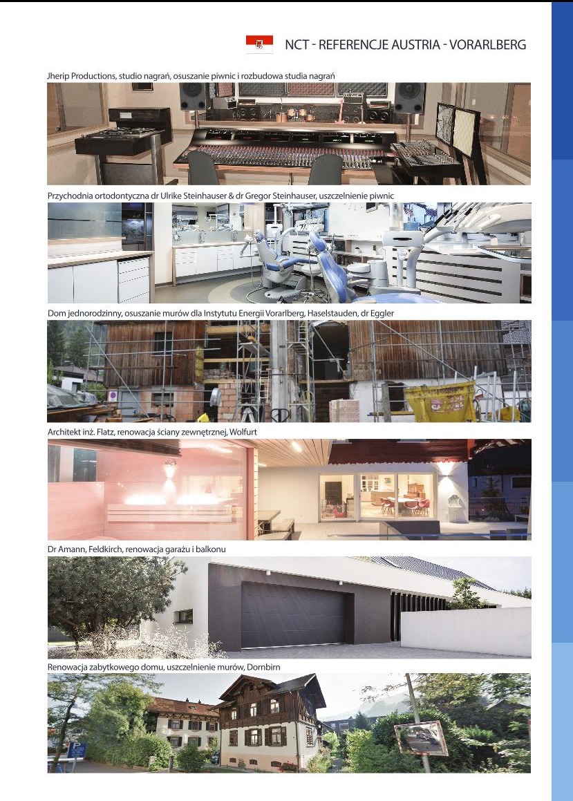 Zestawienie zdjęć przedstawiających różne realizacje: studio nagrań z osuszaniem piwnic, gabinet ortodontyczny z uszczelnianiem piwnic, dom jednorodzinny z osuszaniem murów, renowacja ściany...