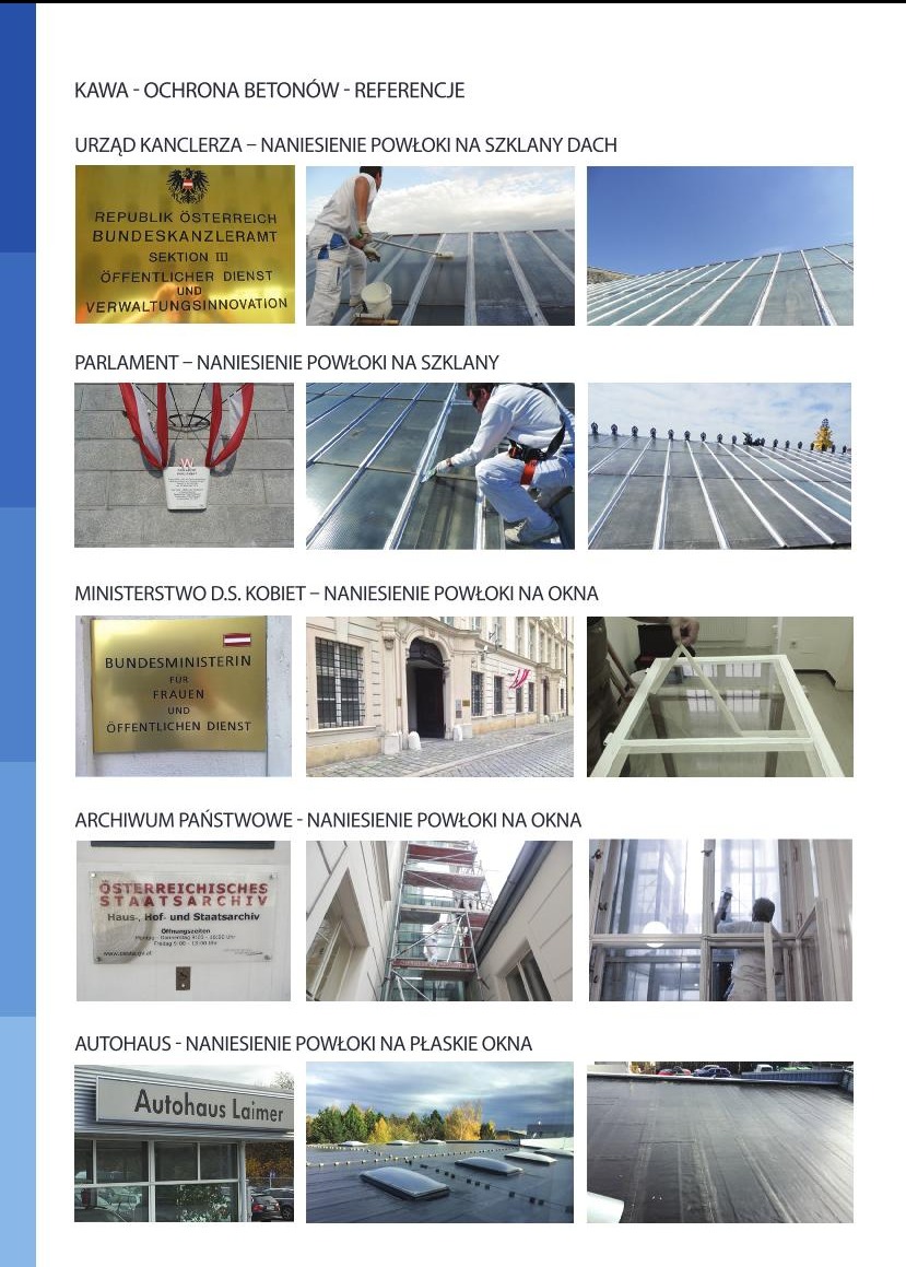 Zestawienie zdjęć referencyjnych z naniesienia powłok ochronnych na konstrukcje szklane i okna w różnych budynkach, w tym Urzędzie Kanclerza, Parlamencie, Ministerstwie ds. Kobiet, Archiwum...
