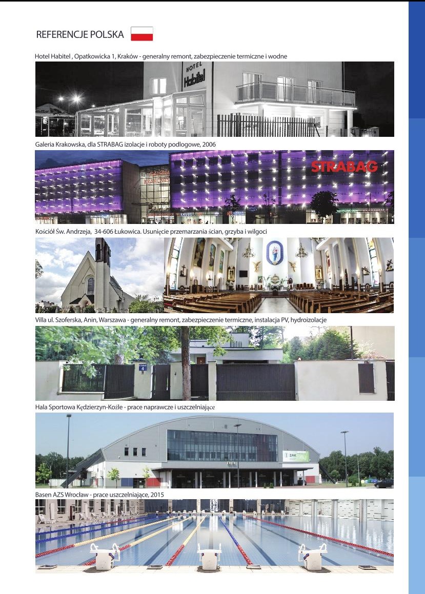 Kompilacja zdjęć referencyjnych z różnych realizacji: Hotel Habitel po remoncie, Galeria Krakowska z izolacjami, Kościół po usunięciu wilgoci, Villa po remoncie, Hala Sportowa po naprawach i Basen...