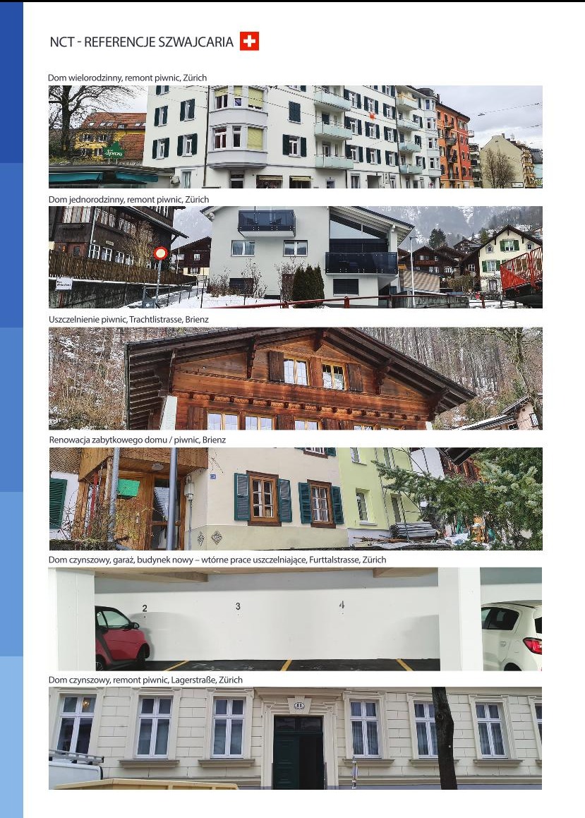 Kolaż zdjęć przedstawiający różne budynki w Szwajcarii, w tym domy wielorodzinne, jednorodzinne, zabytkowe oraz budynki czynszowe, z opisami lokalizacji i rodzaju prac, takich jak remont piwnic...