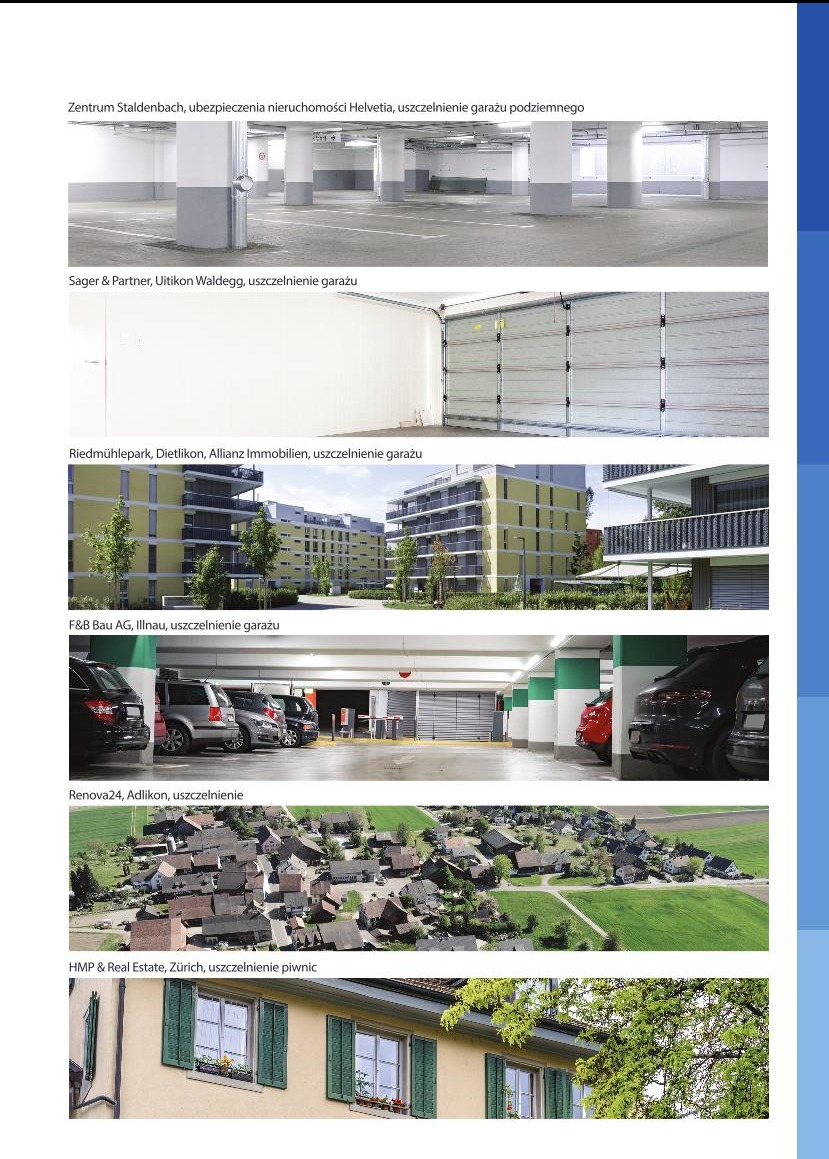 Kompilacja zdjęć przedstawiających różne realizacje uszczelniania garaży i piwnic, w tym garaż podziemny z białymi kolumnami, garaż z bramą segmentową, garaż w budynku mieszkalnym, parking...