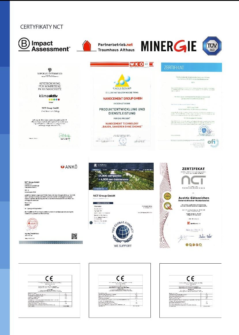 Kolekcja certyfikatów i nagród firmy NCT Group GmbH, w tym certyfikaty Impact Assessment, Minergie, TÜV SÜD, WKO NÖ, klimaaktiv, ANKO, Austria Gütezeichen i oznaczenie CE, prezentowane na białym tle.