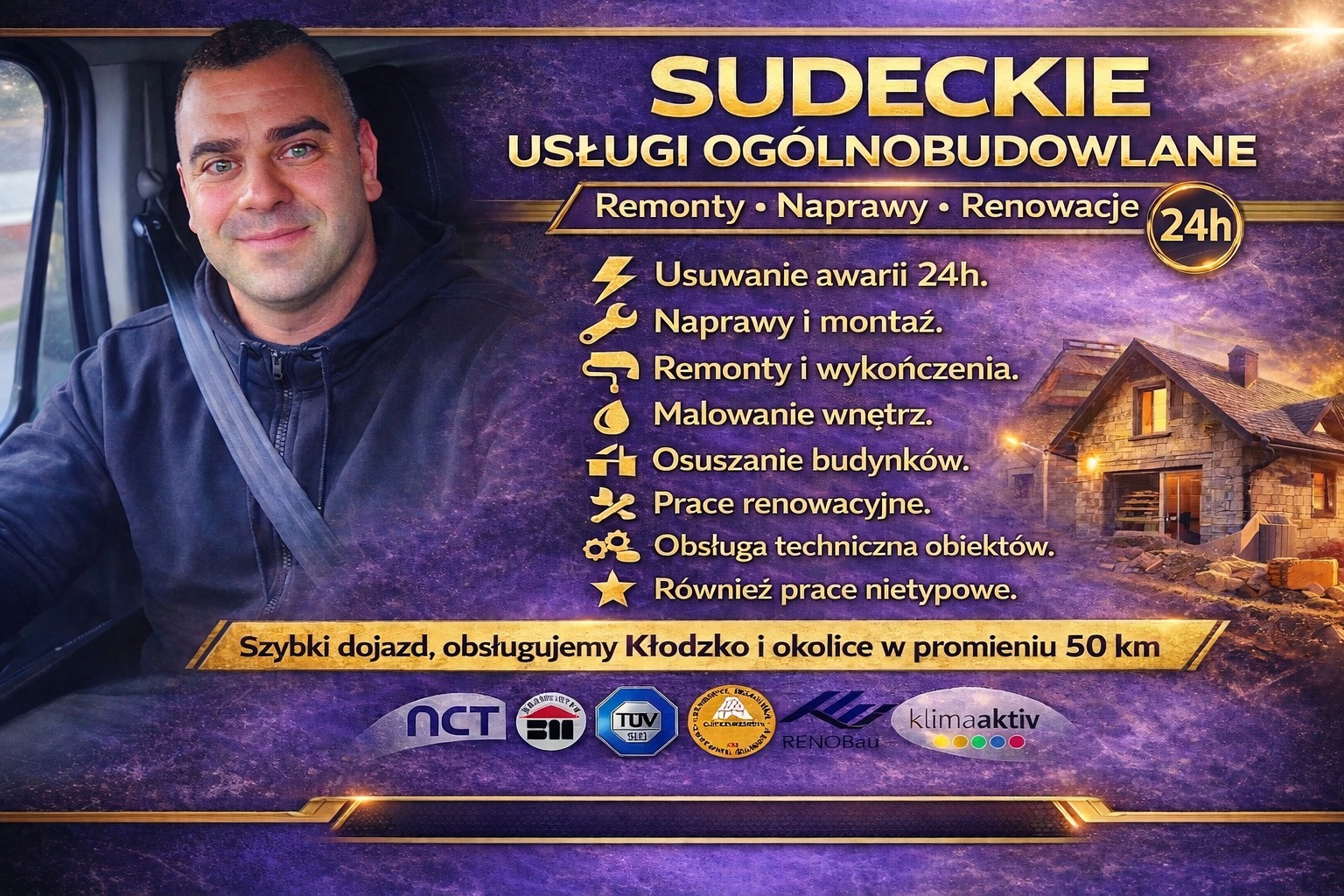 Ogłoszenie firmy remontowo-budowlanej 'Sudeckie' z ofertą usług: remonty, naprawy, renowacje, usuwanie awarii 24h, malowanie wnętrz, osuszanie budynków. Szybki dojazd Kłodzko i okolice.