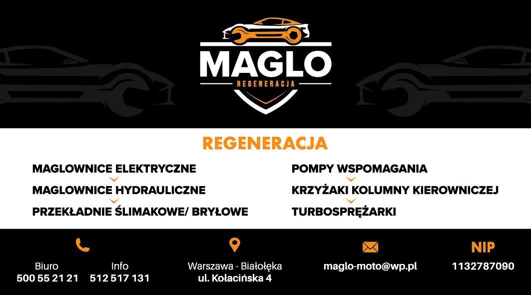 Logo firmy Maglo Regeneracja z sylwetkami aut i kluczem francuskim, oferującej regenerację maglownic elektrycznych i hydraulicznych, pomp wspomagania, krzyżaków kolumny kierowniczej...