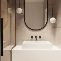 Nowoczesna łazienka z umywalką nablatową, owalnym lustrem w czarnej ramie, minimalistyczną armaturą i kulistymi lampami wiszącymi, wykończona płytkami imitującymi drewno i marmur.