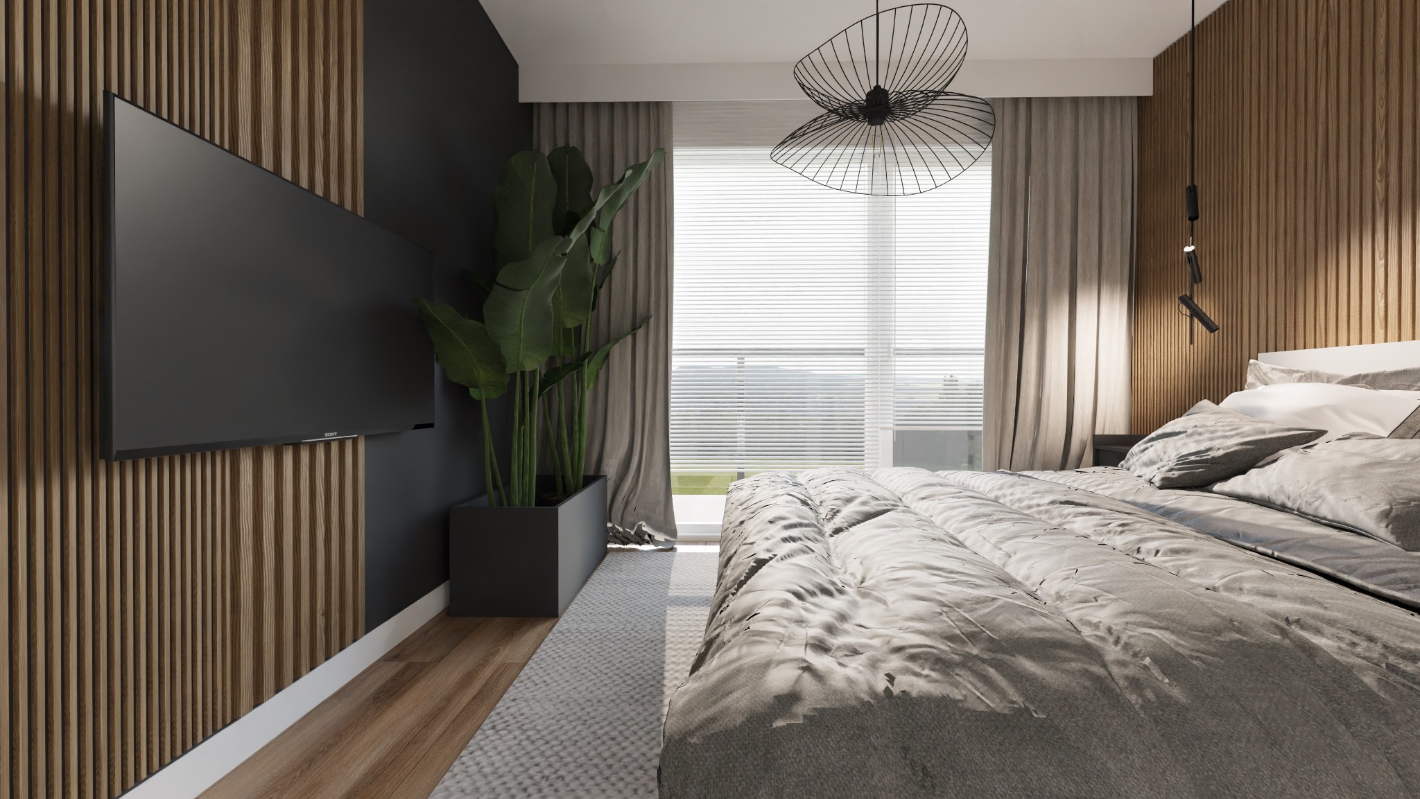 Nowoczesna sypialnia z drewnianą boazerią, telewizorem na ścianie, rośliną w czarnej donicy i designerską lampą wiszącą nad łóżkiem przy oknie z żaluzjami.