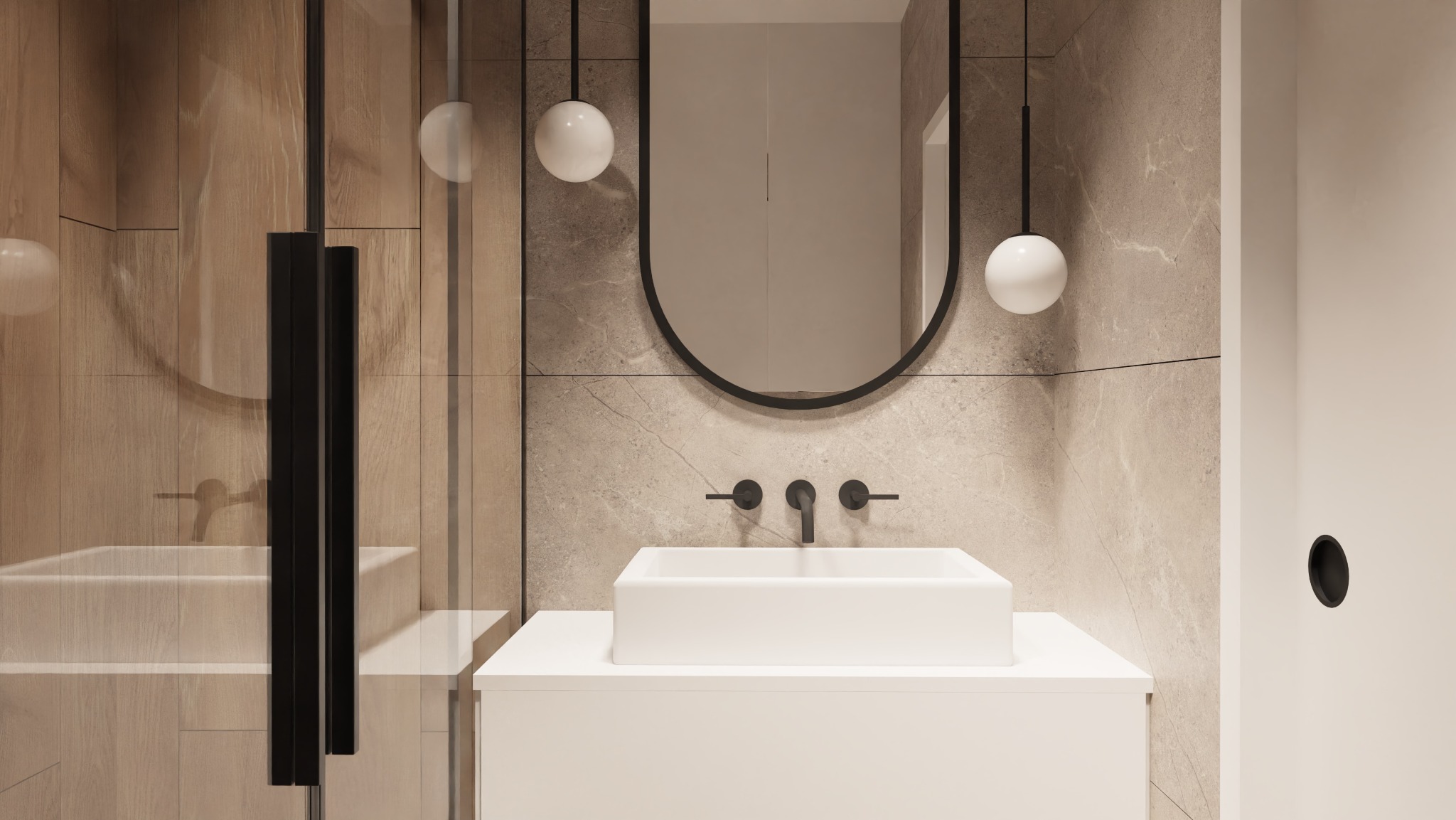 Nowoczesna łazienka z umywalką nablatową, owalnym lustrem w czarnej ramie, minimalistyczną armaturą i kulistymi lampami wiszącymi, wykończona płytkami imitującymi drewno i marmur.