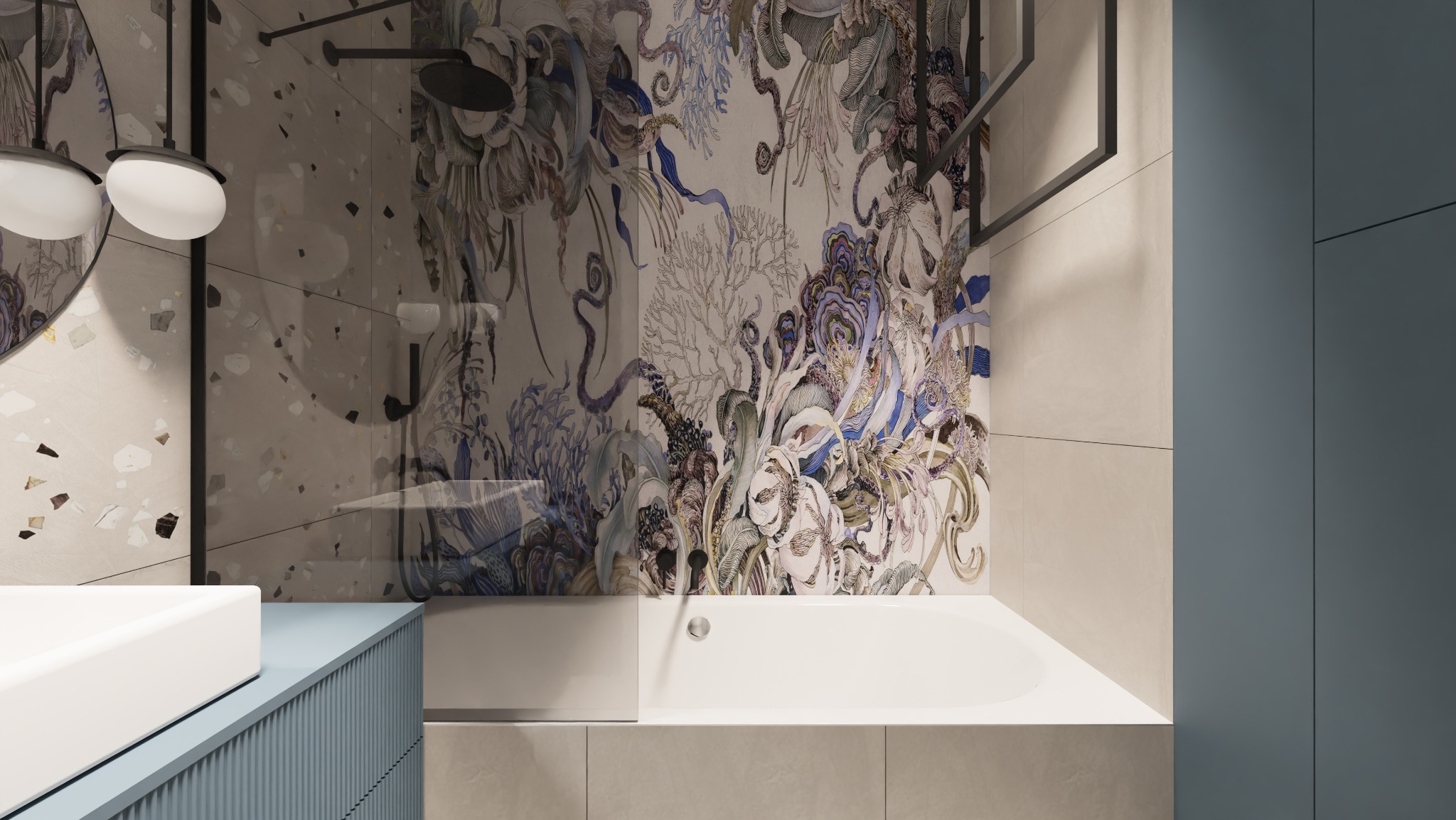 Nowoczesna łazienka z wanną, umywalką na szafce z ryflowanym frontem i ścianą ozdobioną wzorem roślinnym w odcieniach błękitu i beżu.