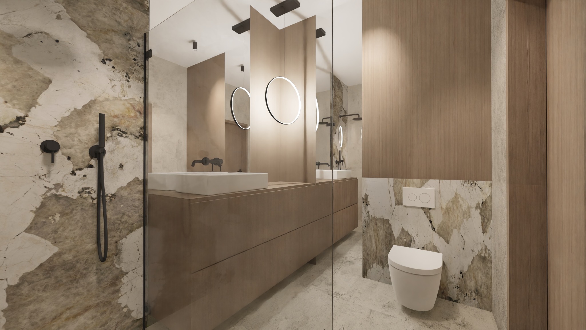 Nowoczesna łazienka z marmurową ścianą, podwójną umywalką na drewnianej szafce i okrągłymi lampami wiszącymi, widok z perspektywy kabiny prysznicowej.