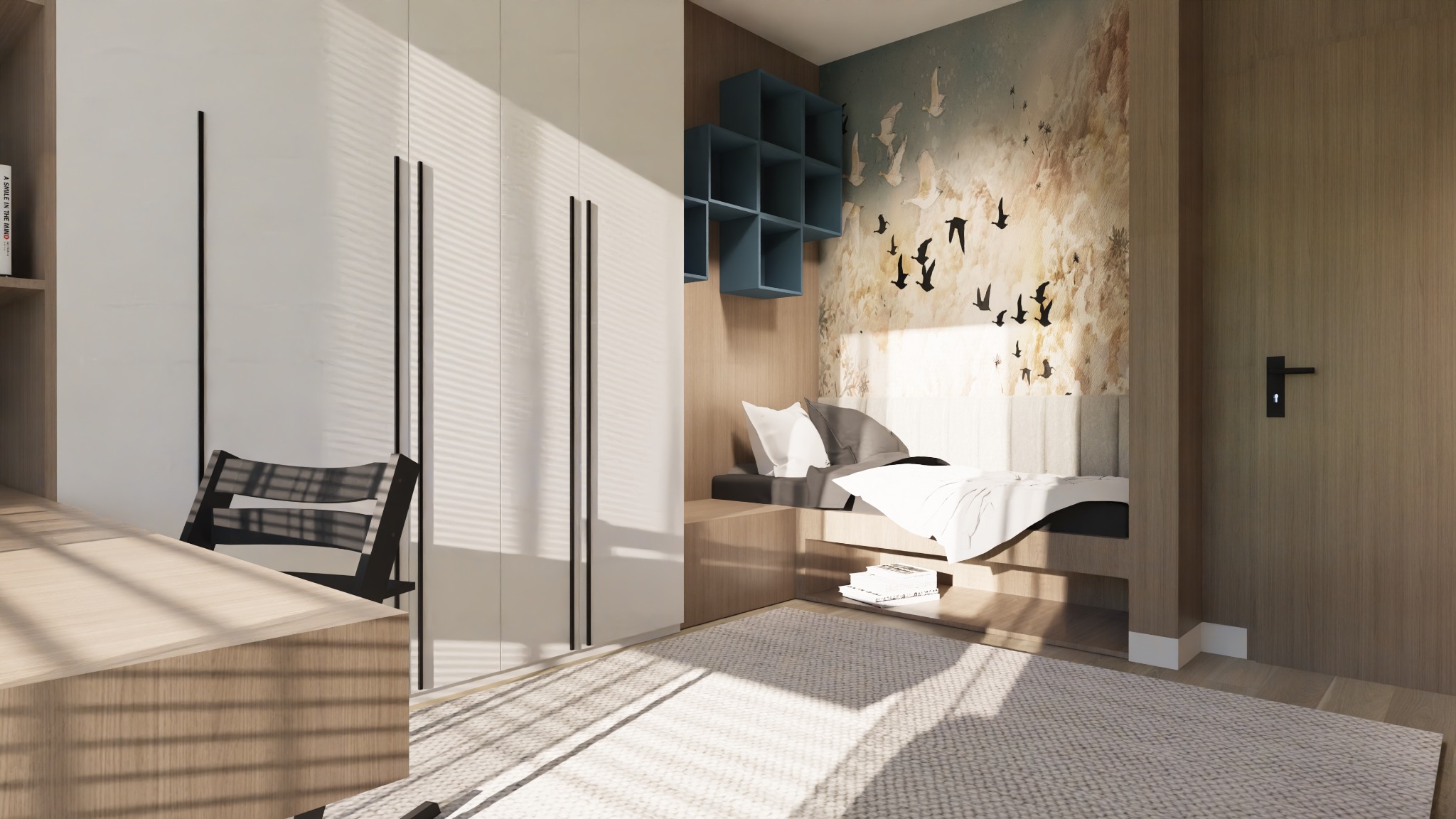 Wizualizacja pokoju dziecięcego z łóżkiem w zabudowie, tapetą z motywem ptaków, regałem modułowym, biurkiem i szafą wnękową.