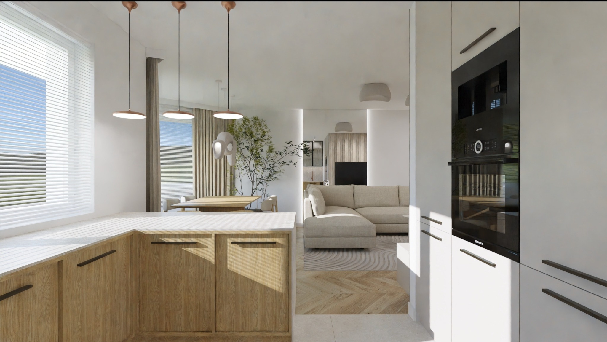 Wnętrze mieszkania z drewnianą zabudową kuchenną, widok na salon z beżową sofą i jadalnię z drewnianym stołem, oświetlone wiszącymi lampami.