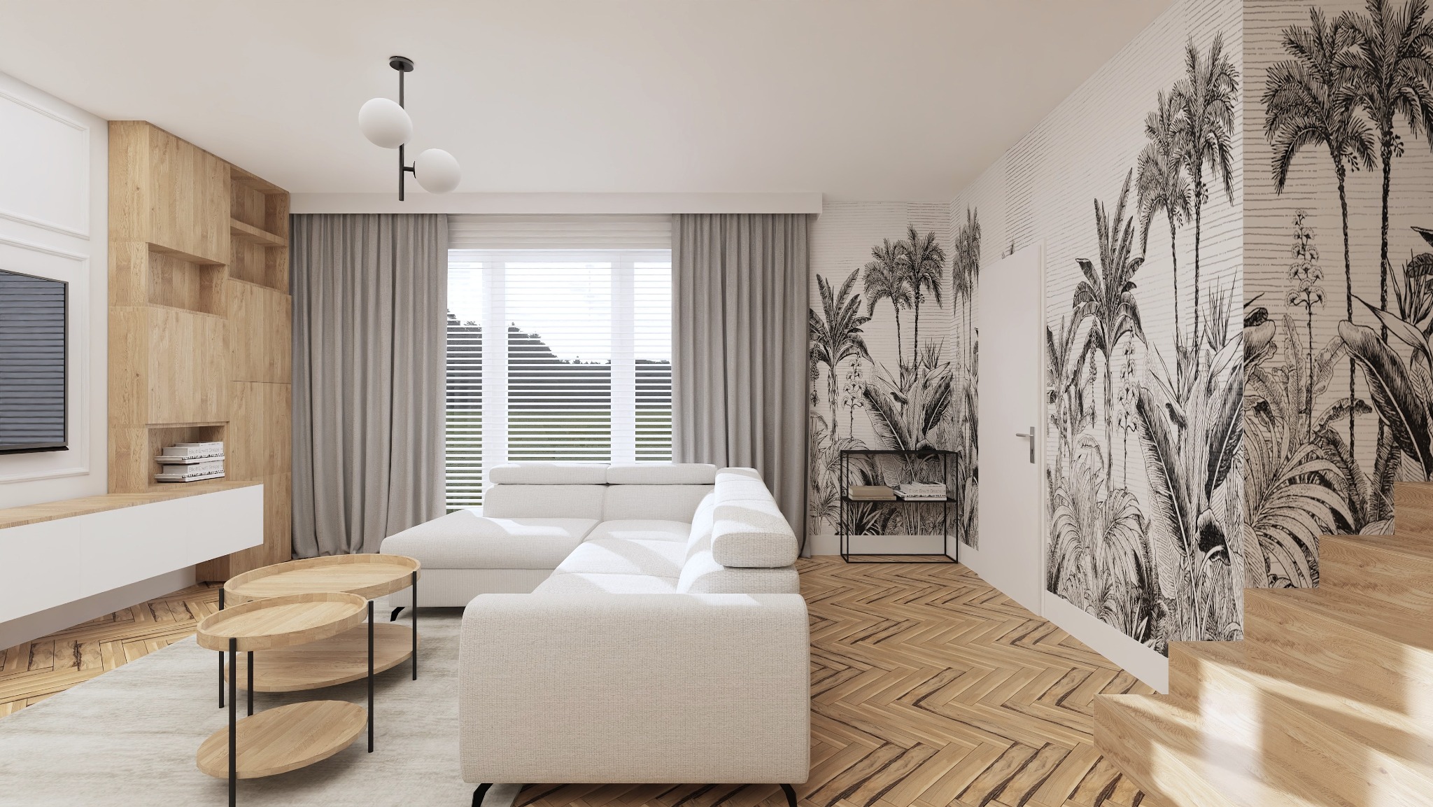 Jasny salon z parkietem w jodełkę, białą sofą narożną i ścianą z motywem tropikalnym. Drewniane stoliki kawowe i zabudowa TV dodają ciepła wnętrzu.