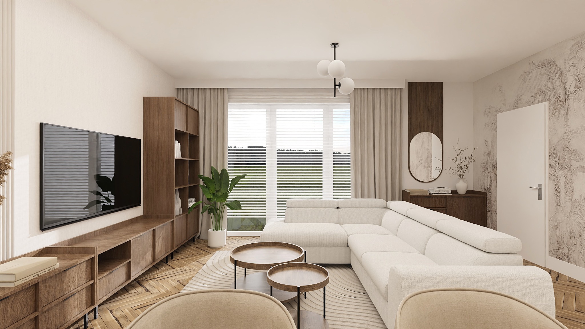 Jasne wnętrze salonu z narożną sofą, drewnianymi meblami i parkietem w jodełkę. Okno z żaluzjami i zasłonami. Na ścianie tapeta z motywem roślinnym.