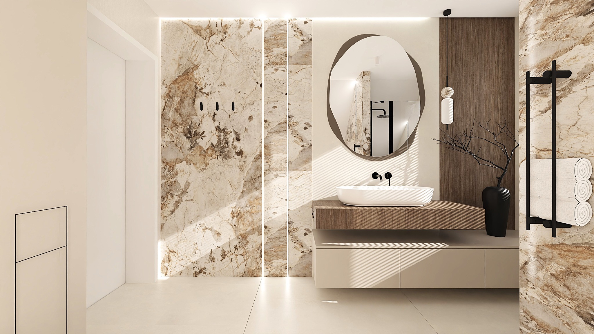 Nowoczesna łazienka z marmurową ścianą, owalnym lustrem z podświetleniem, białą umywalką nablatową i czarnym wazonem z gałązkami. Minimalistyczny design.