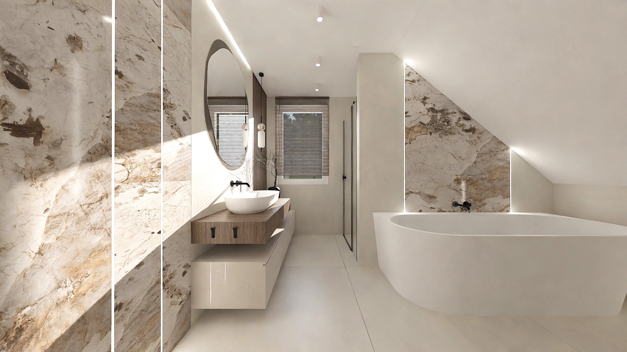 Elegancka łazienka na poddaszu z owalnym lustrem, marmurowymi płytkami i wolnostojącą wanną. Minimalistyczny design z oświetleniem LED.