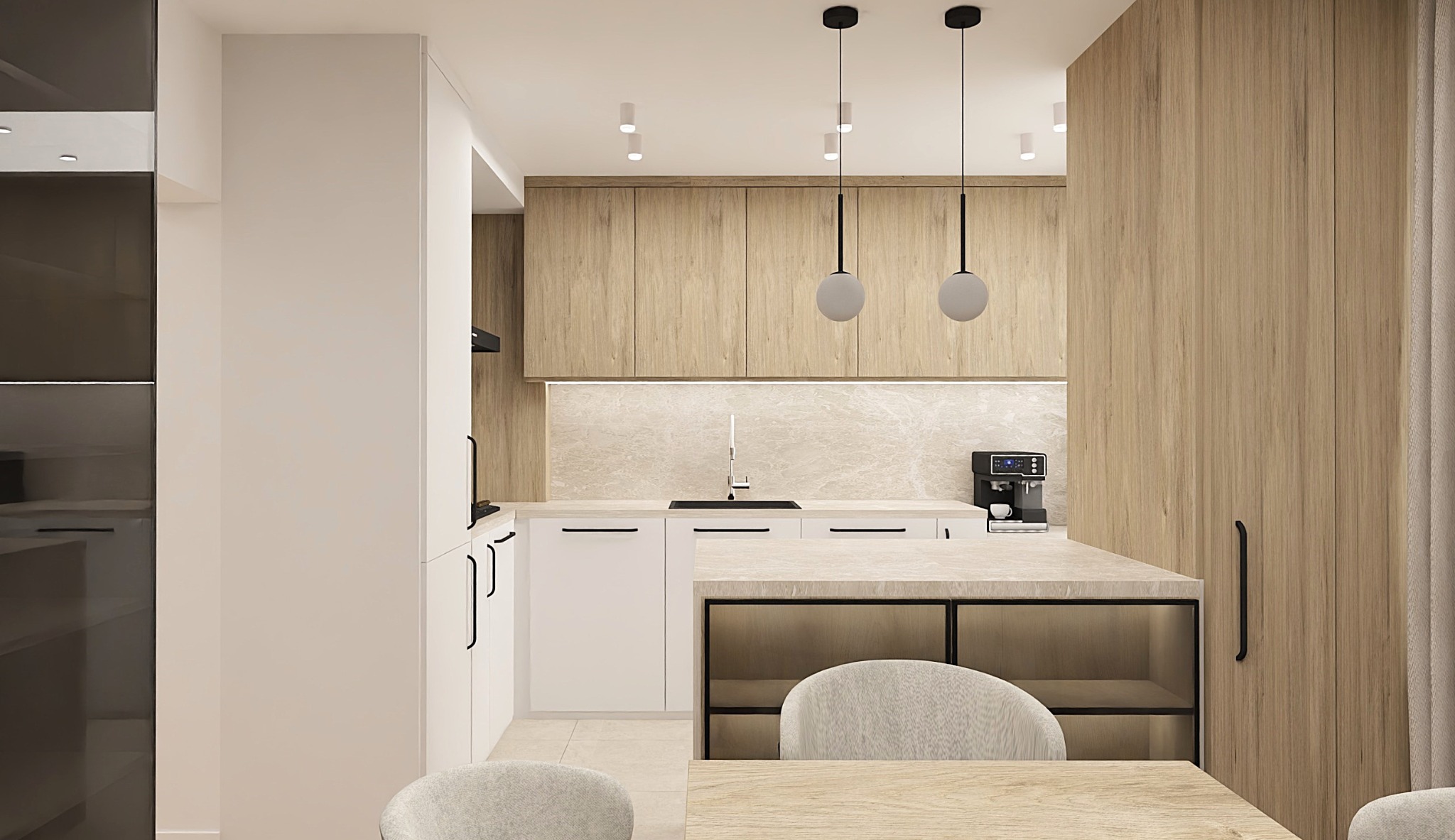 Nowoczesna kuchnia z drewnianymi szafkami, białymi frontami i marmurowym blatem. Dwie wiszące lampy kuliste nad wyspą. Minimalistyczny design z ekspres do kawy.