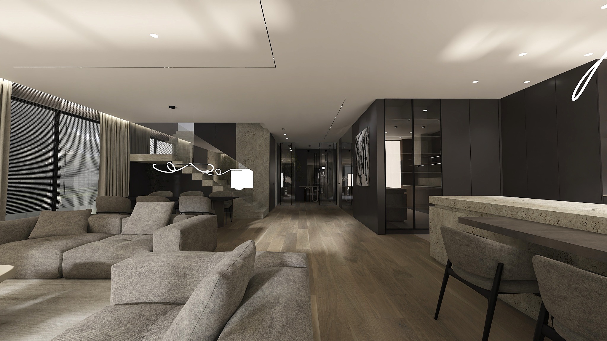 Nowoczesny salon z szarą sofą modułową, drewnianą podłogą i schodami z oświetleniem LED. Minimalistyczny design z czarnymi akcentami i dużymi oknami.