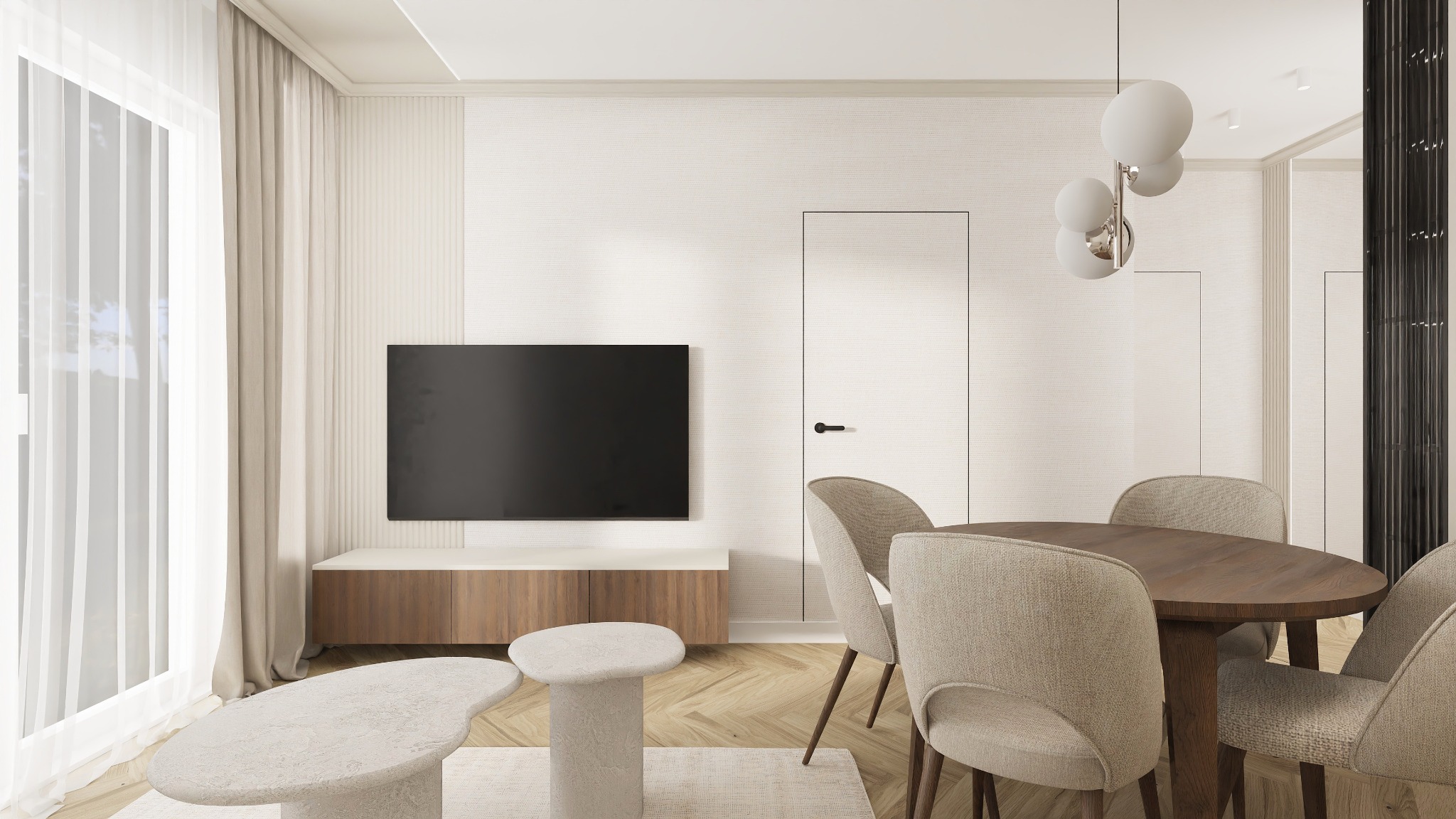 Jasne wnętrze salonu z drewnianym stołem i krzesłami, telewizorem na ścianie i designerskim oświetleniem. Minimalistyczny wystrój z parkietem w jodełkę.