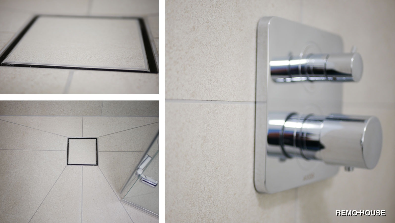 Beżowe płytki podłogowe i ścienne, odpływ liniowy pod prysznicem z czarną ramką oraz chromowana bateria podtynkowa z dwoma pokrętłami.