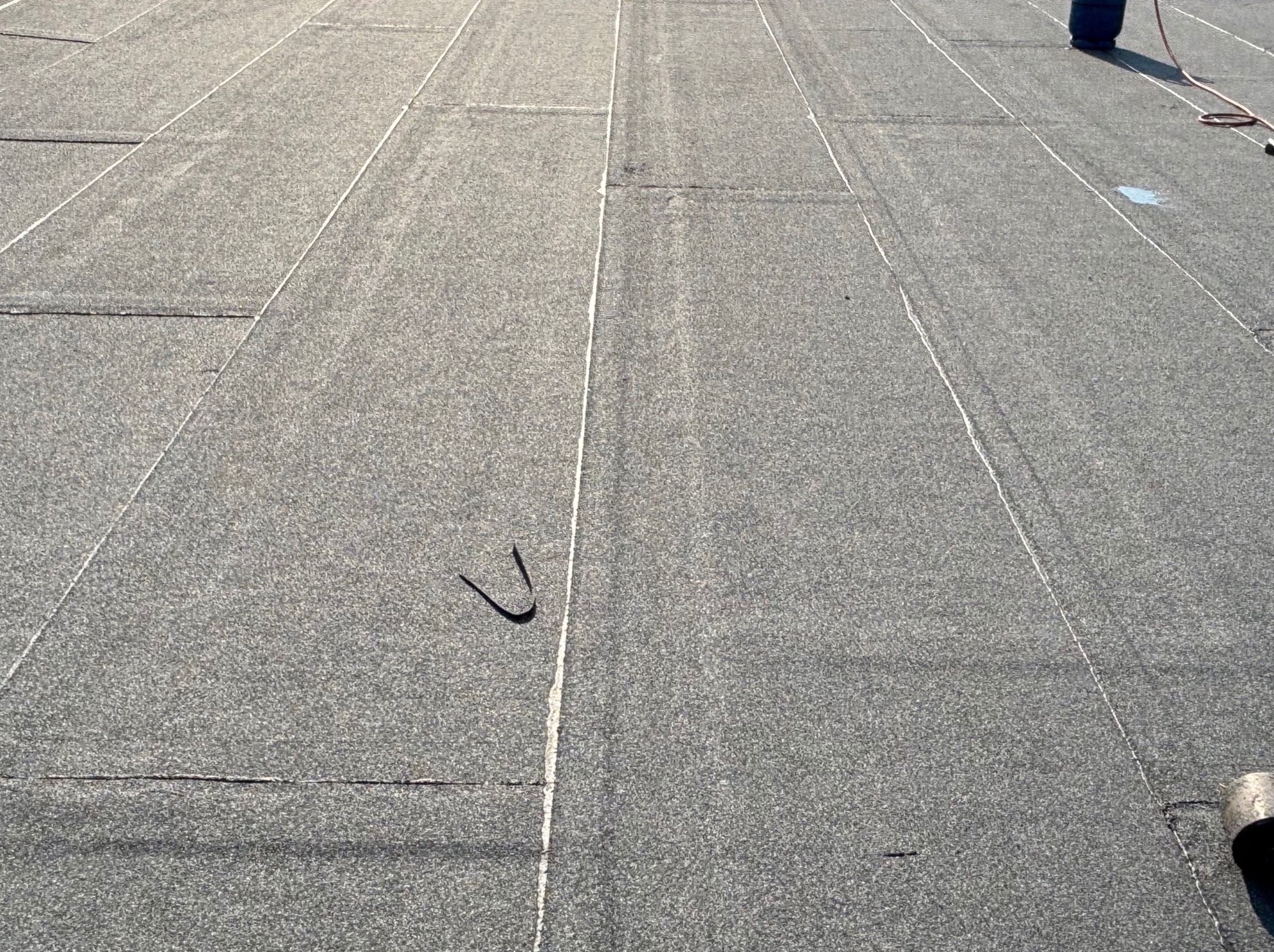 Powierzchnia dachu pokryta papą termozgrzewalną z widocznymi łączeniami i pojedynczym zszywaczem dekarskim na pierwszym planie.