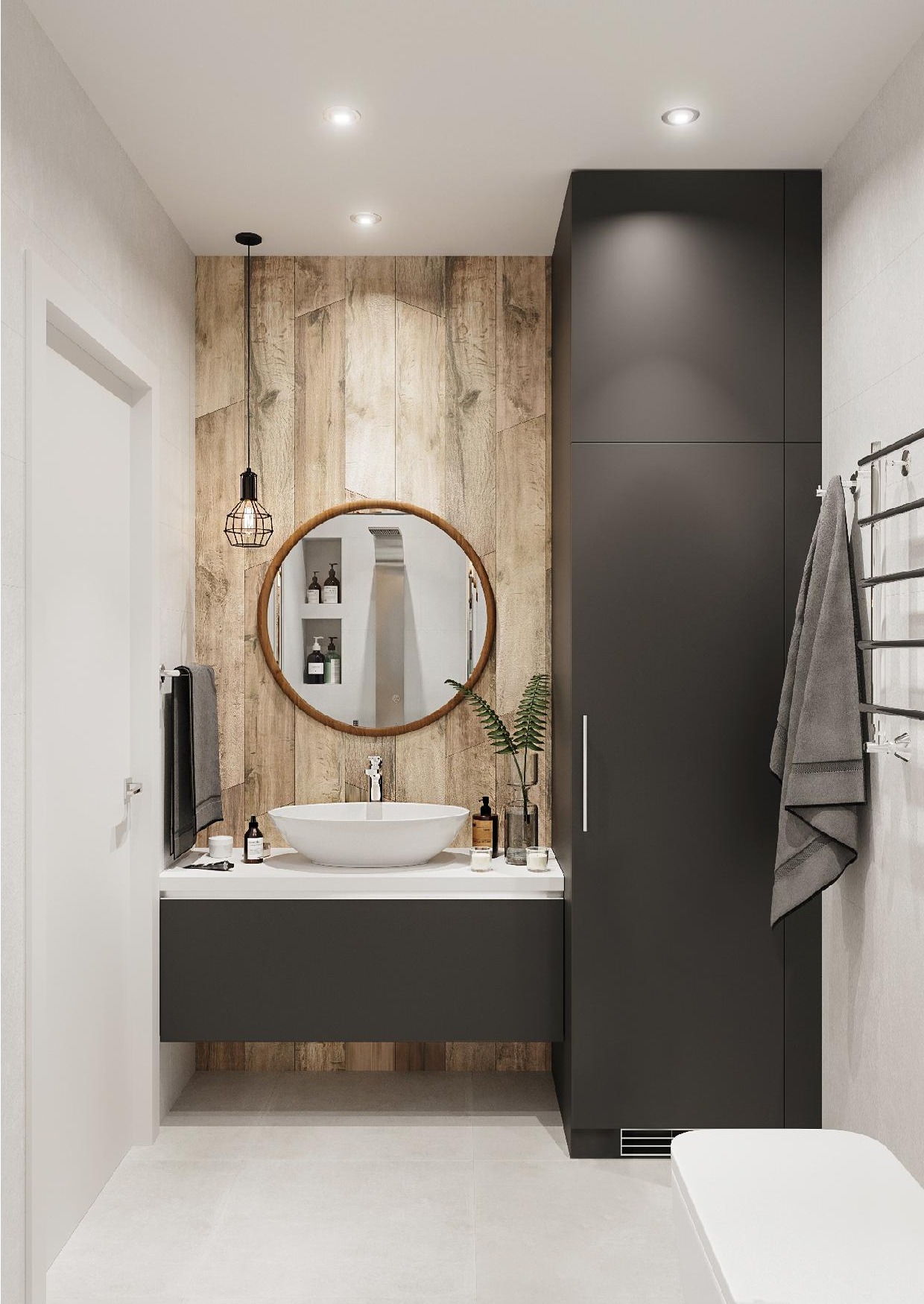 Nowoczesna łazienka z umywalką nablatową, okrągłym lustrem w drewnianej ramie, drewnianą ścianą w tle i grafitową szafką oraz wysoką szafą, oświetleniem punktowym i wiszącą lampą w stylu...