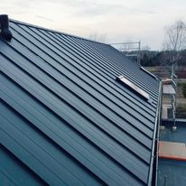 Metalowy dach panelowy z oknem dachowym, widok z góry, zarys drzew na horyzoncie, pochmurne niebo.