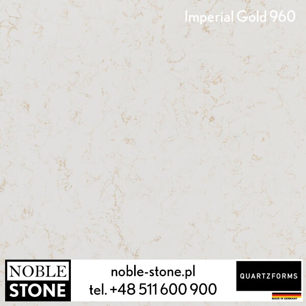 Jasny blat kamienny 'Imperial Gold 960' z delikatnym, złotym wzorem żyłek. Widoczne logo Noble Stone i Quartzforms, oraz dane kontaktowe.