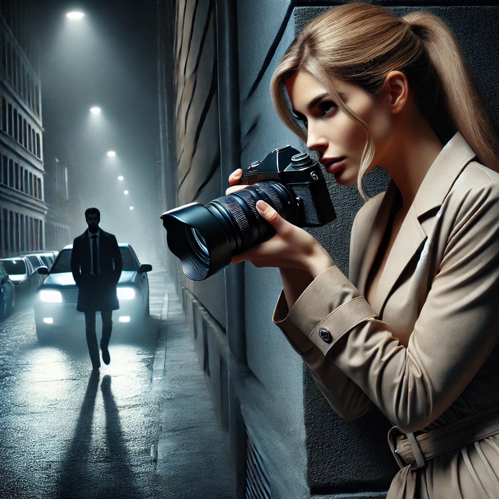 Kobieta w beżowym płaszczu, z profesjonalnym aparatem fotograficznym, obserwuje mężczyznę w garniturze, idącego ulicą w nocnej scenerii miejskiej, z samochodami w tle.