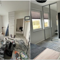 AD RenoHome - Porównanie stanu pokoju przed i po: bałagan z narzędziami i kable przed remontem, a po - gotowa sypialnia z lustrzaną szafą, grzejnikiem i dywanem.