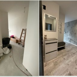 AD RenoHome - Kadr 'przed i po' przedstawiający remont korytarza: po lewej surowy stan z workami gruzu i drabiną, po prawej wykończone wnętrze z panelami podłogowymi, betonową ścianą akcentującą, szafką na buty...