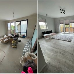 AD RenoHome - Porównanie stanu pokoju przed i po remoncie: widok na okno balkonowe, surowy beton na podłodze z wiadrami farby i narzędziami kontra wykończone wnętrze z panelami podłogowymi, dywanem i meblami.