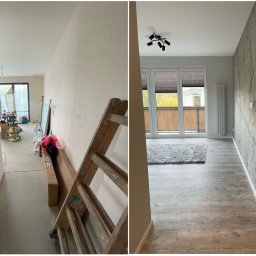 AD RenoHome - Porównanie stanu pokoju przed i po remoncie: surowe ściany i drabina malarska kontra wykończona ściana z efektem betonu, drewnopodobna podłoga i dywan.