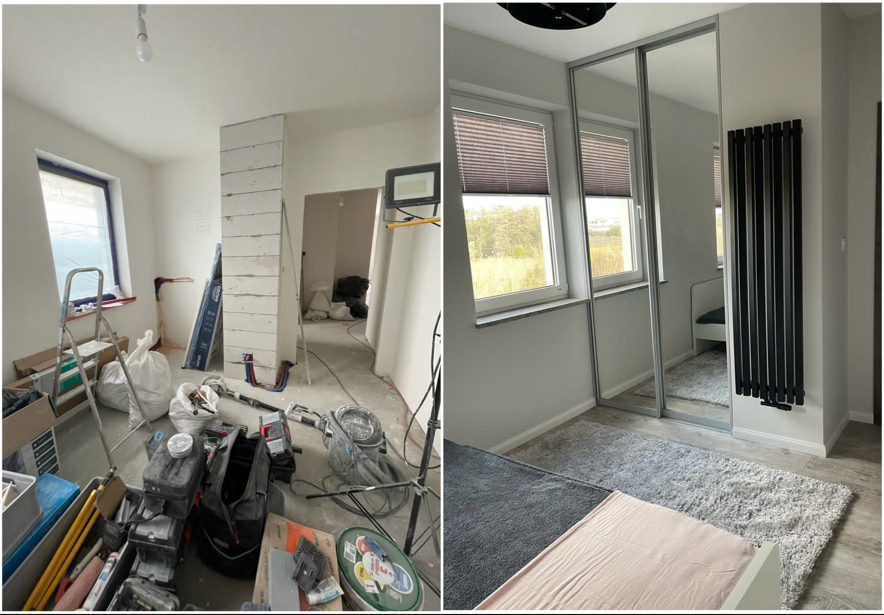 Porównanie stanu pokoju przed i po: bałagan z narzędziami i kable przed remontem, a po - gotowa sypialnia z lustrzaną szafą, grzejnikiem i dywanem.