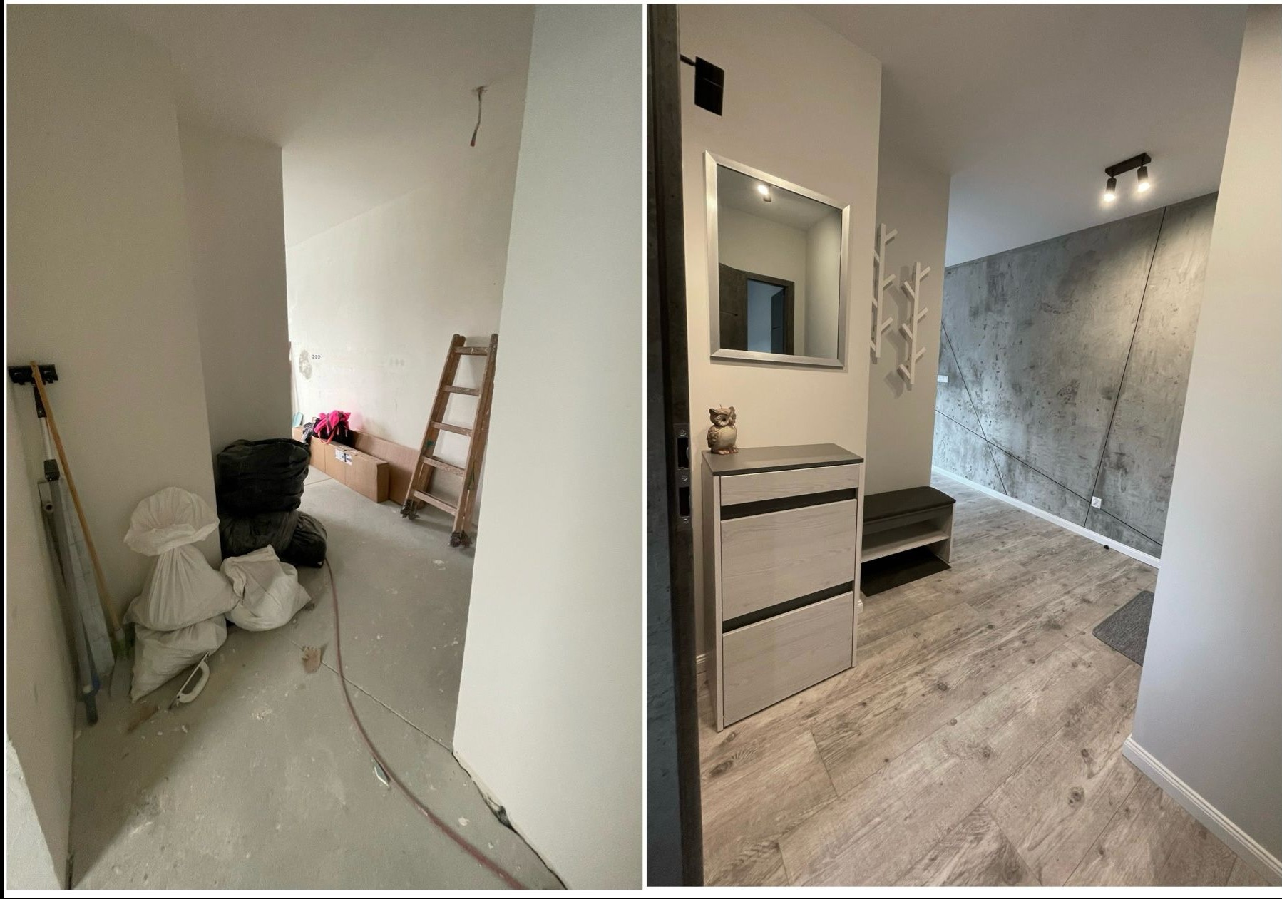 Kadr 'przed i po' przedstawiający remont korytarza: po lewej surowy stan z workami gruzu i drabiną, po prawej wykończone wnętrze z panelami podłogowymi, betonową ścianą akcentującą, szafką na buty...
