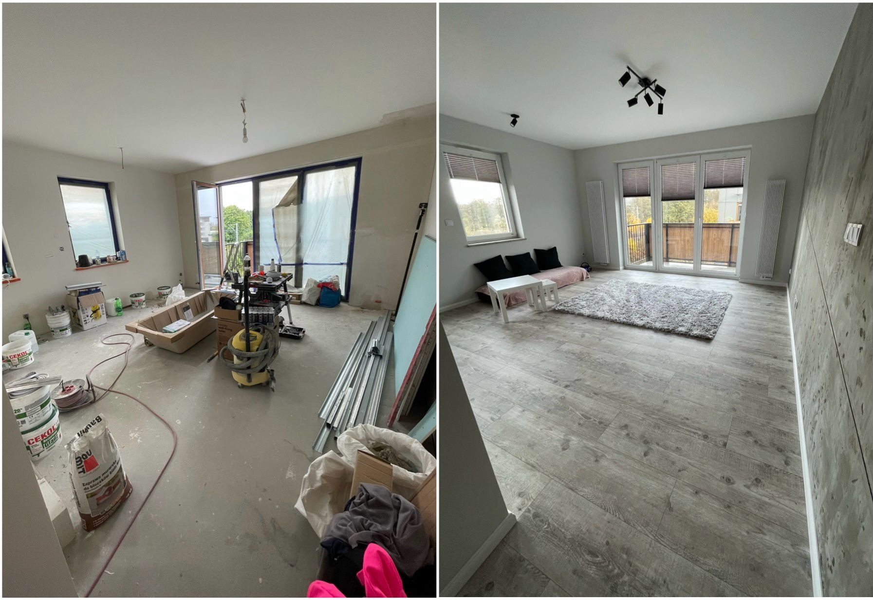 Porównanie stanu pokoju przed i po remoncie: widok na okno balkonowe, surowy beton na podłodze z wiadrami farby i narzędziami kontra wykończone wnętrze z panelami podłogowymi, dywanem i meblami.