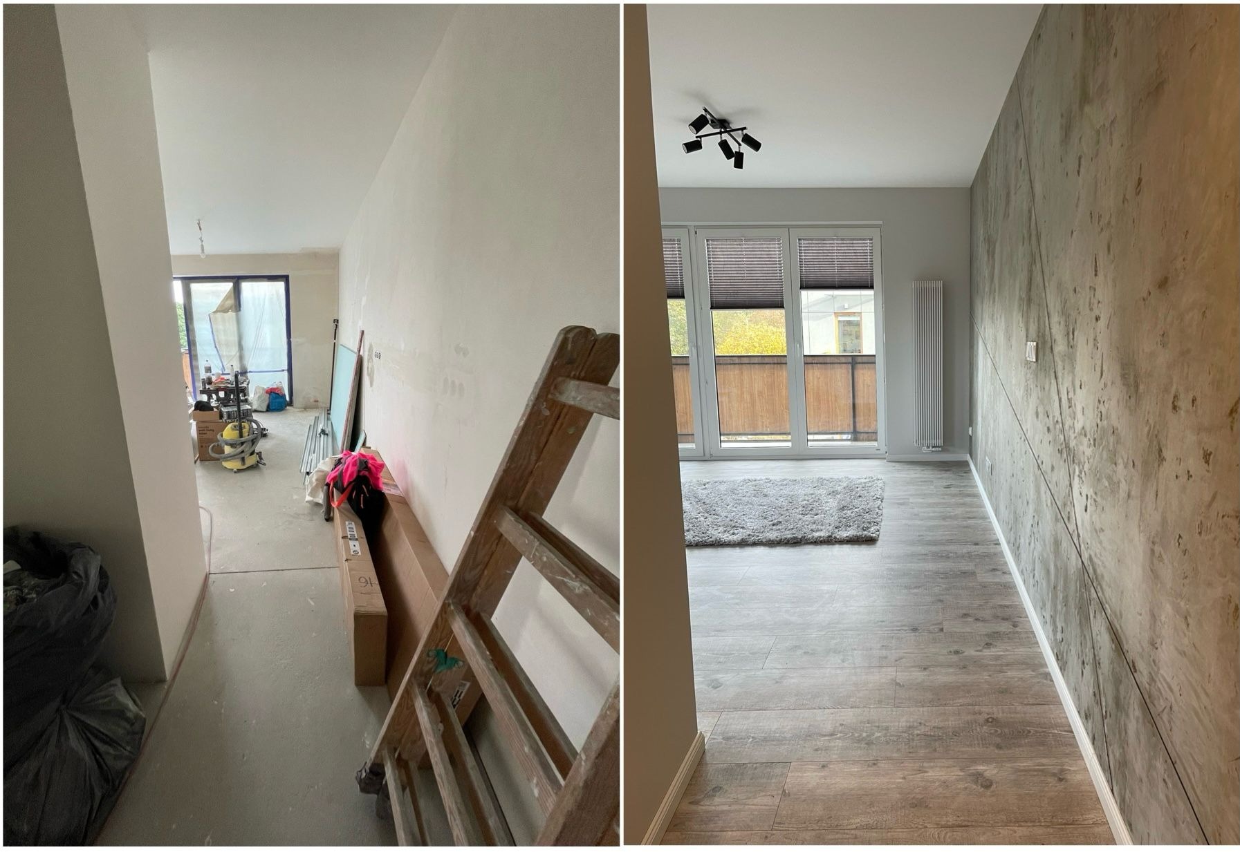 Porównanie stanu pokoju przed i po remoncie: surowe ściany i drabina malarska kontra wykończona ściana z efektem betonu, drewnopodobna podłoga i dywan.