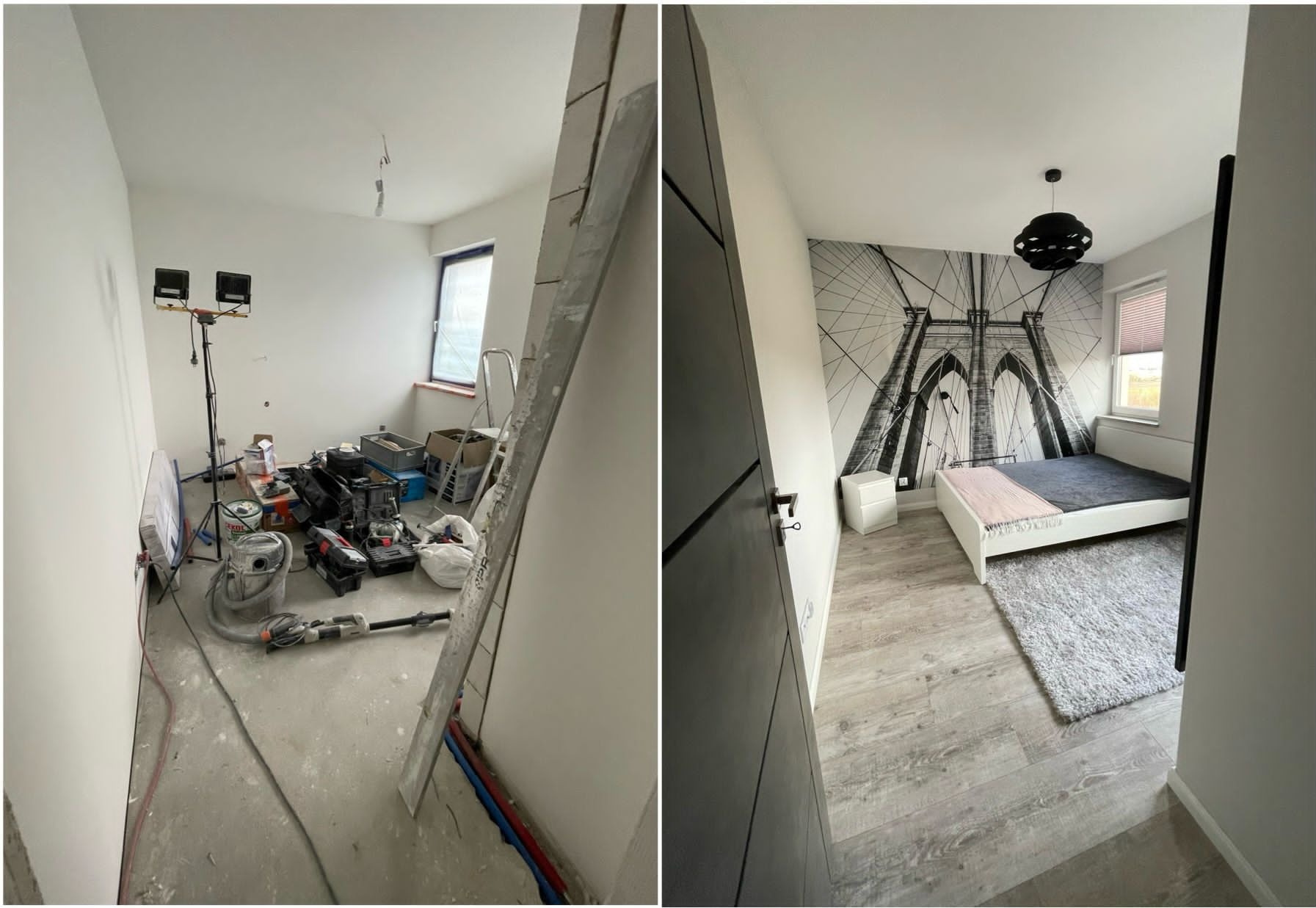 Pokój przed i po remoncie: po lewej stronie bałagan, narzędzia i oświetlenie budowlane, po prawej wykończone wnętrze z fototapetą mostu Brooklyńskiego, łóżkiem i dywanem.
