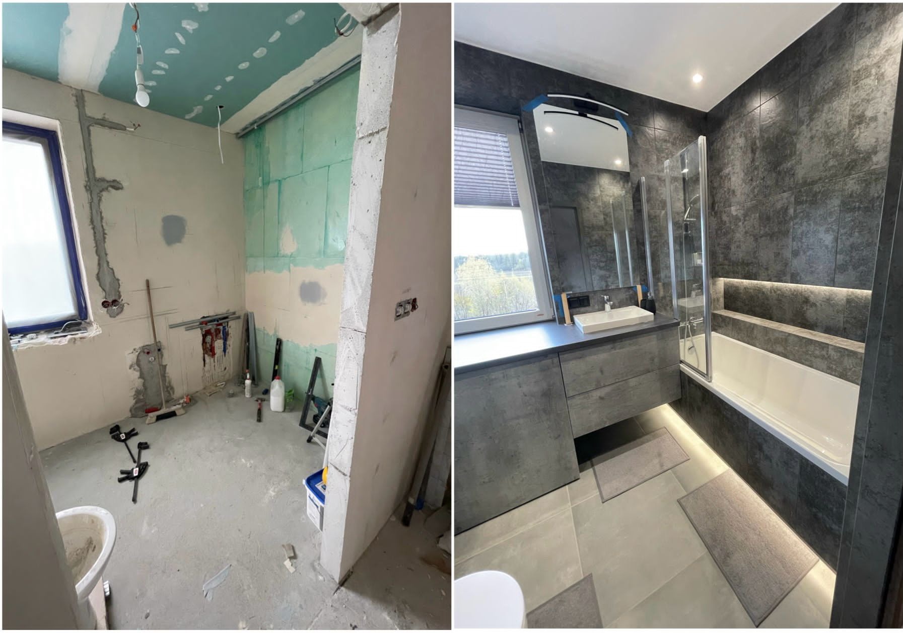 Porównanie stanu surowego i wykończonego remontu łazienki: po lewej ściany z widocznymi instalacjami, narzędzia i materiały budowlane, po prawej nowoczesna łazienka z szarymi płytkami, oświetleniem...