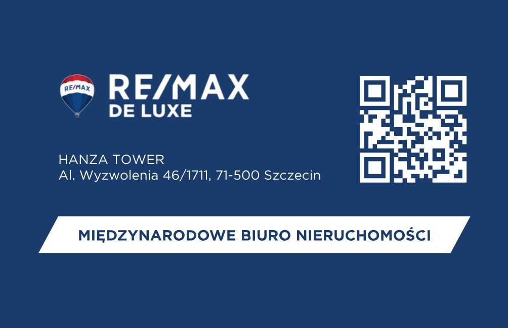 Logo międzynarodowego biura nieruchomości RE/MAX De Luxe z adresem w Szczecinie i kodem QR na granatowym tle.