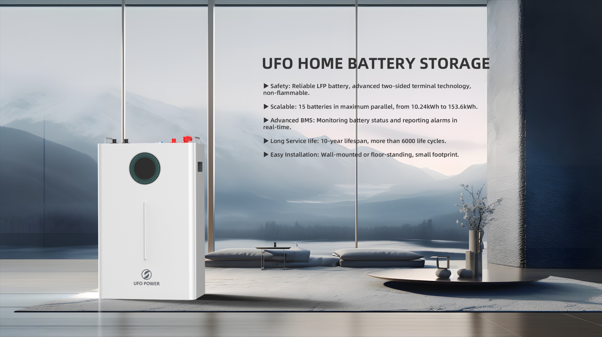 Biały, domowy system przechowywania energii UFO Power z okrągłym panelem sterowania, umieszczony w minimalistycznym wnętrzu z widokiem na góry.