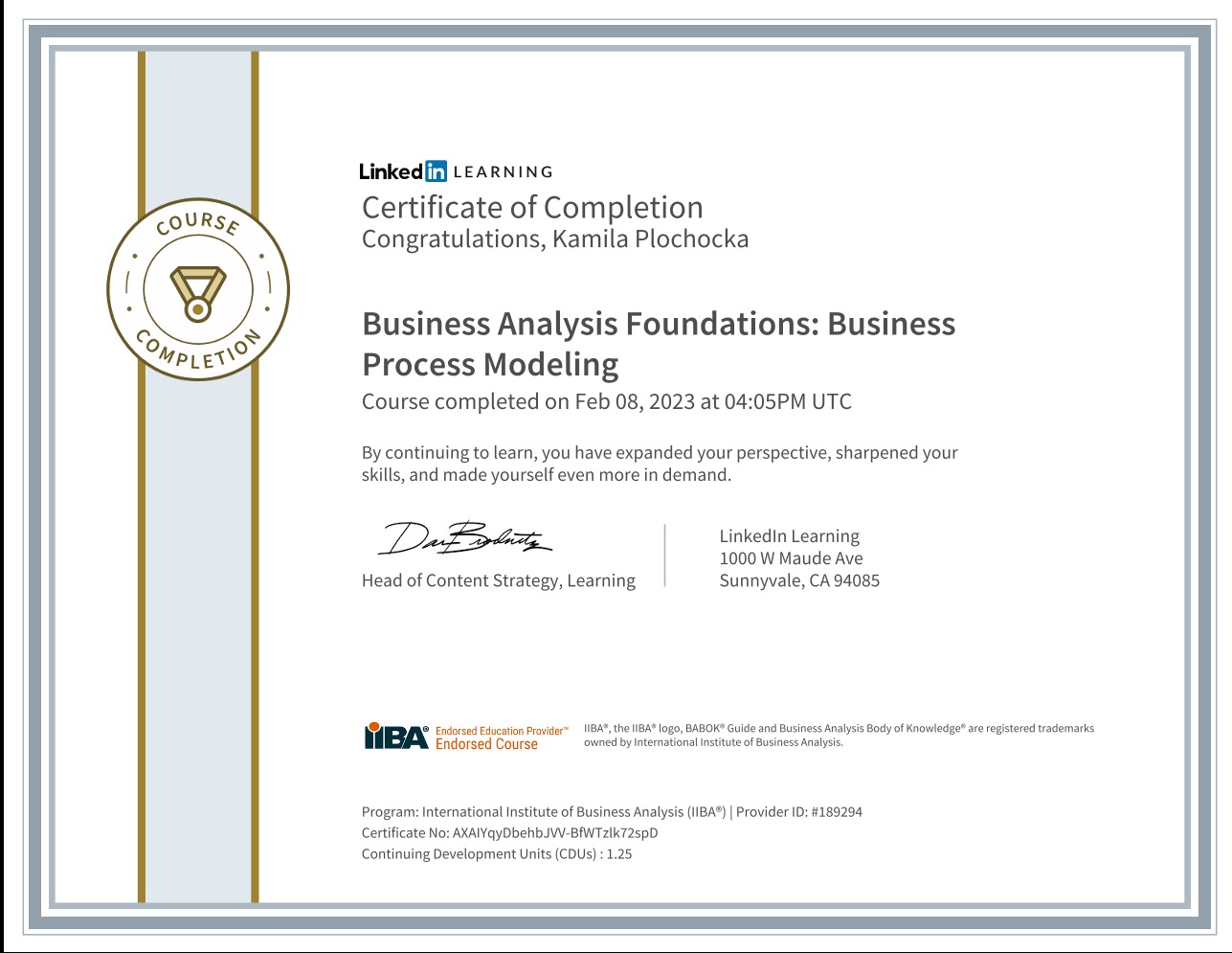 Business Analysis Foundations: Business Process Modeling certyfikat