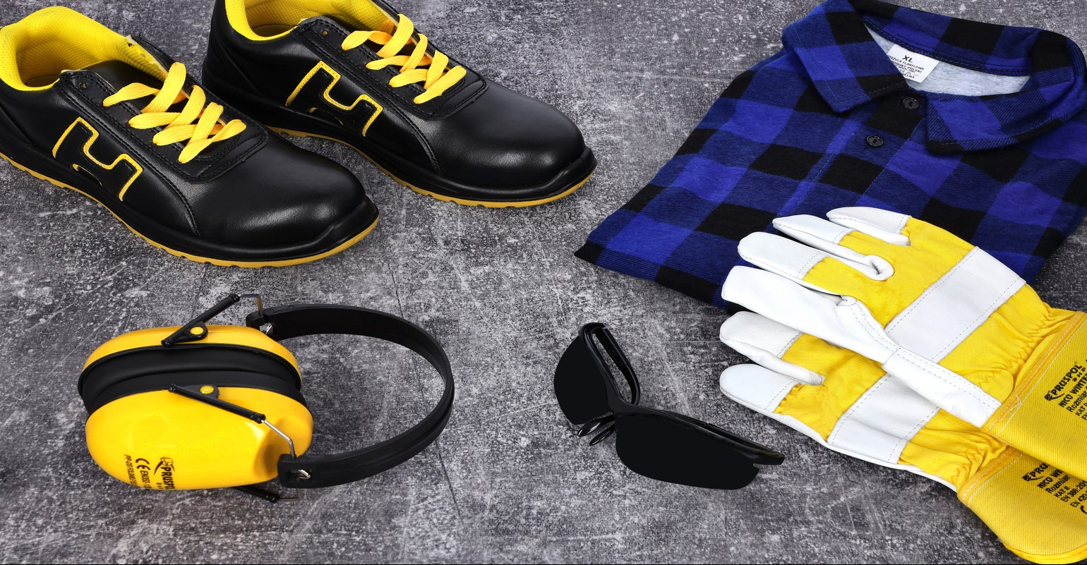 Zestaw odzieży i akcesoriów roboczych: czarne buty z żółtymi sznurówkami, nauszniki przeciwhałasowe, okulary ochronne, koszula flanelowa w niebiesko-czarną kratę oraz żółto-białe rękawice robocze...
