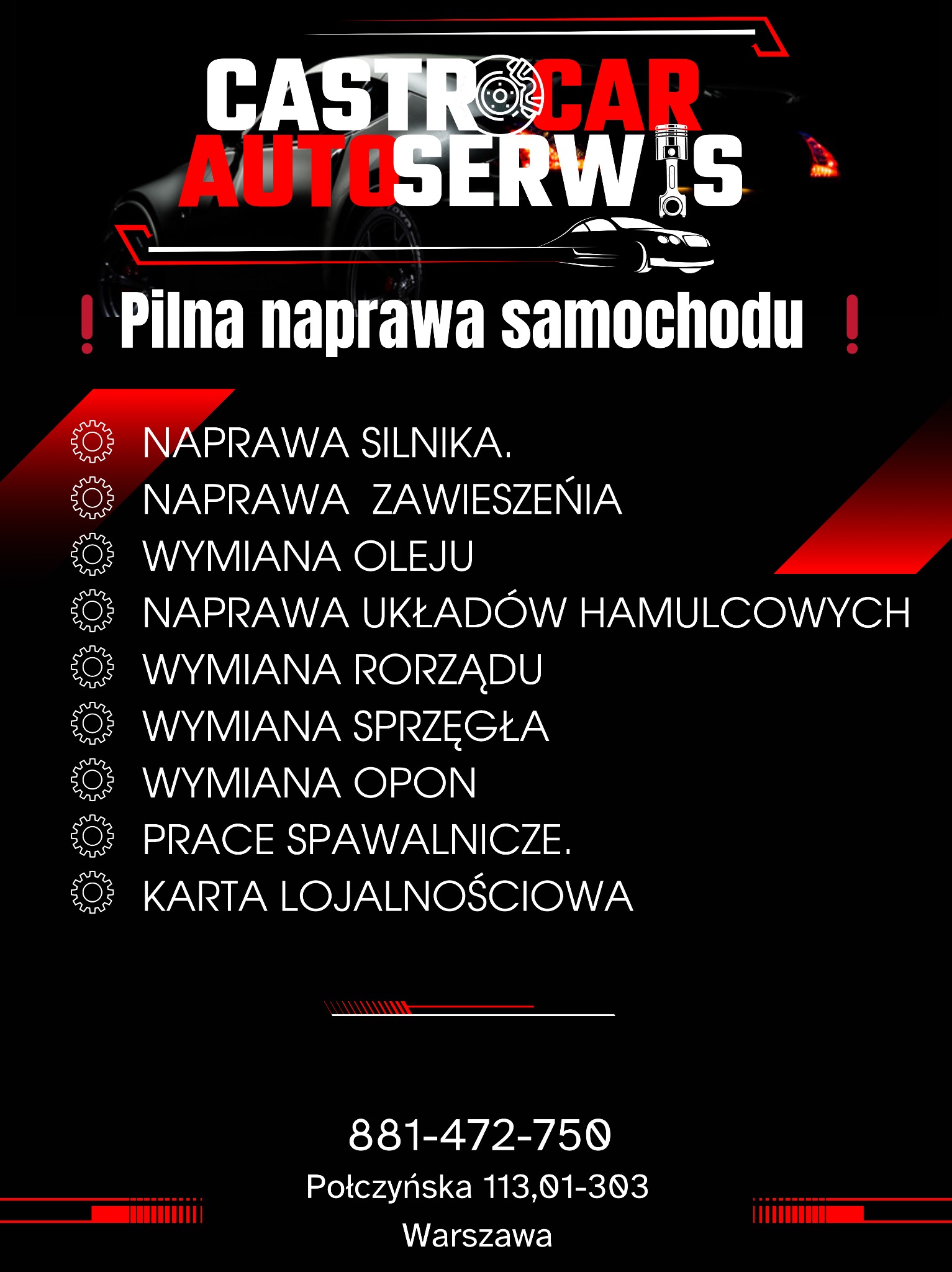 Grafika reklamowa warsztatu samochodowego Castro Car Autoserwis z ofertą napraw silnika, zawieszenia, wymiany oleju, układów hamulcowych, rozrządu, sprzęgła, opon, prac spawalniczych oraz kartą...