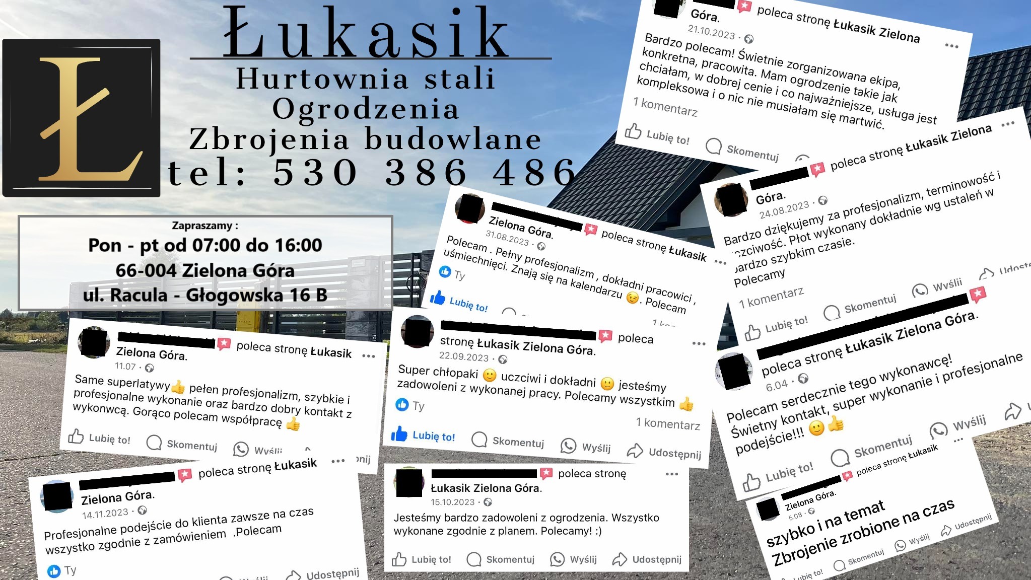 Zdjęcie przedstawia reklamę firmy Łukasik z Zielonej Góry, specjalizującej się w ogrodzeniach i zbrojeniach budowlanych, z widocznym logo, adresem, numerem telefonu oraz licznymi pozytywnymi...