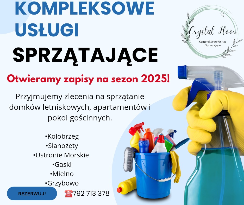 Grafika reklamowa firmy sprzątającej: Kompleksowe usługi sprzątające, oferta sprzątania domków letniskowych i apartamentów, otwarte zapisy na sezon 2025, wiadro z różnymi środkami czystości, ręka...