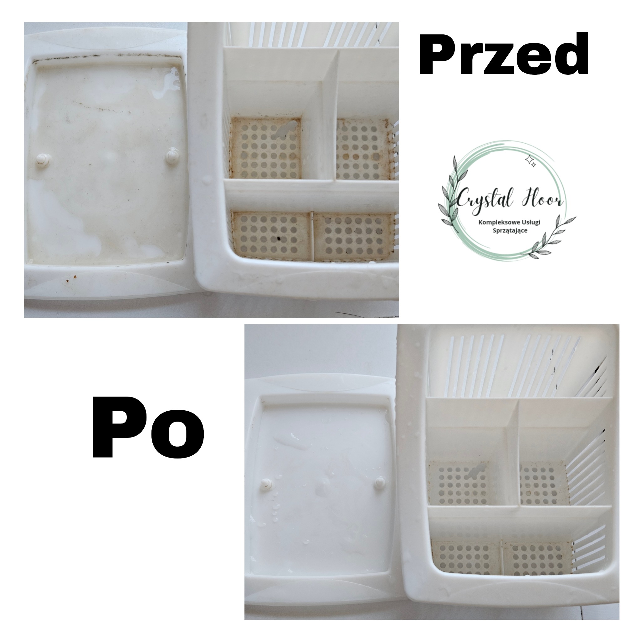 Pojemnik na sztućce przed i po czyszczeniu, prezentujący efekt pracy firmy sprzątającej z Ustronia Morskiego, z widocznym logo firmy Crystal Floor.