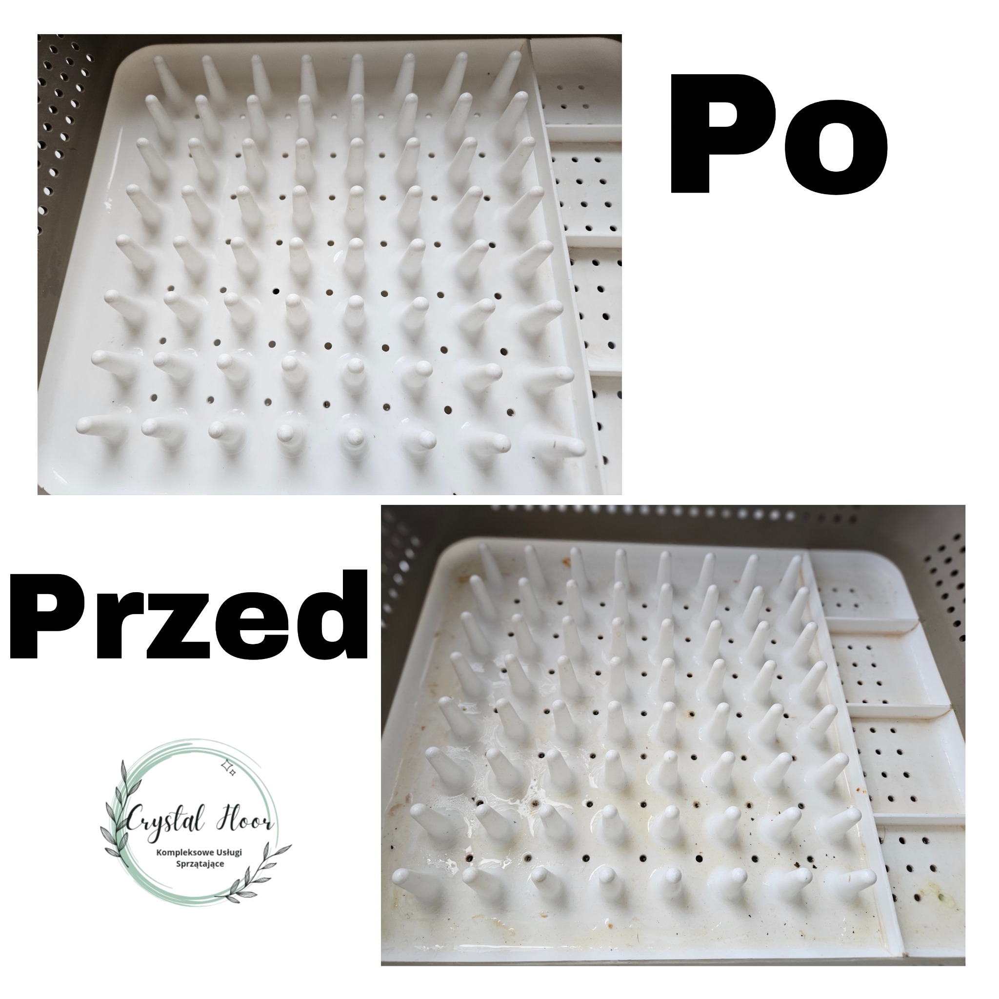 Porównanie stanu suszarki do naczyń przed i po czyszczeniu. Górna część pokazuje czystą, białą powierzchnię, dolna część z wyraźnymi zabrudzeniami i osadami.