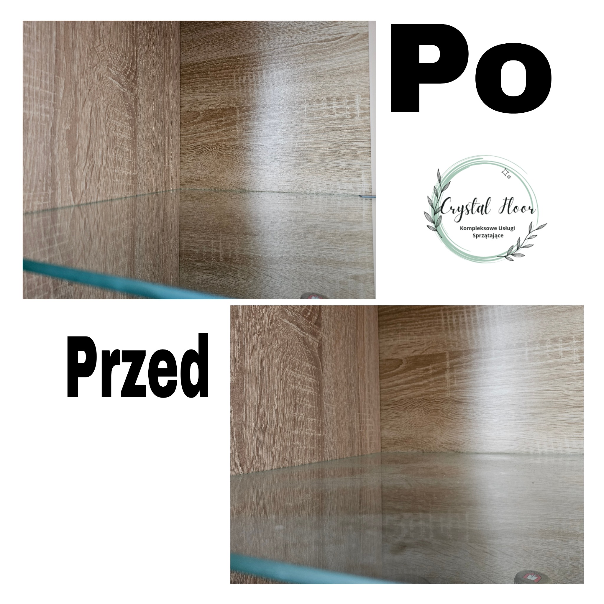 Porównanie stanu półki z płyty meblowej i szkła przed i po czyszczeniu, z logo firmy sprzątającej w prawym górnym rogu.